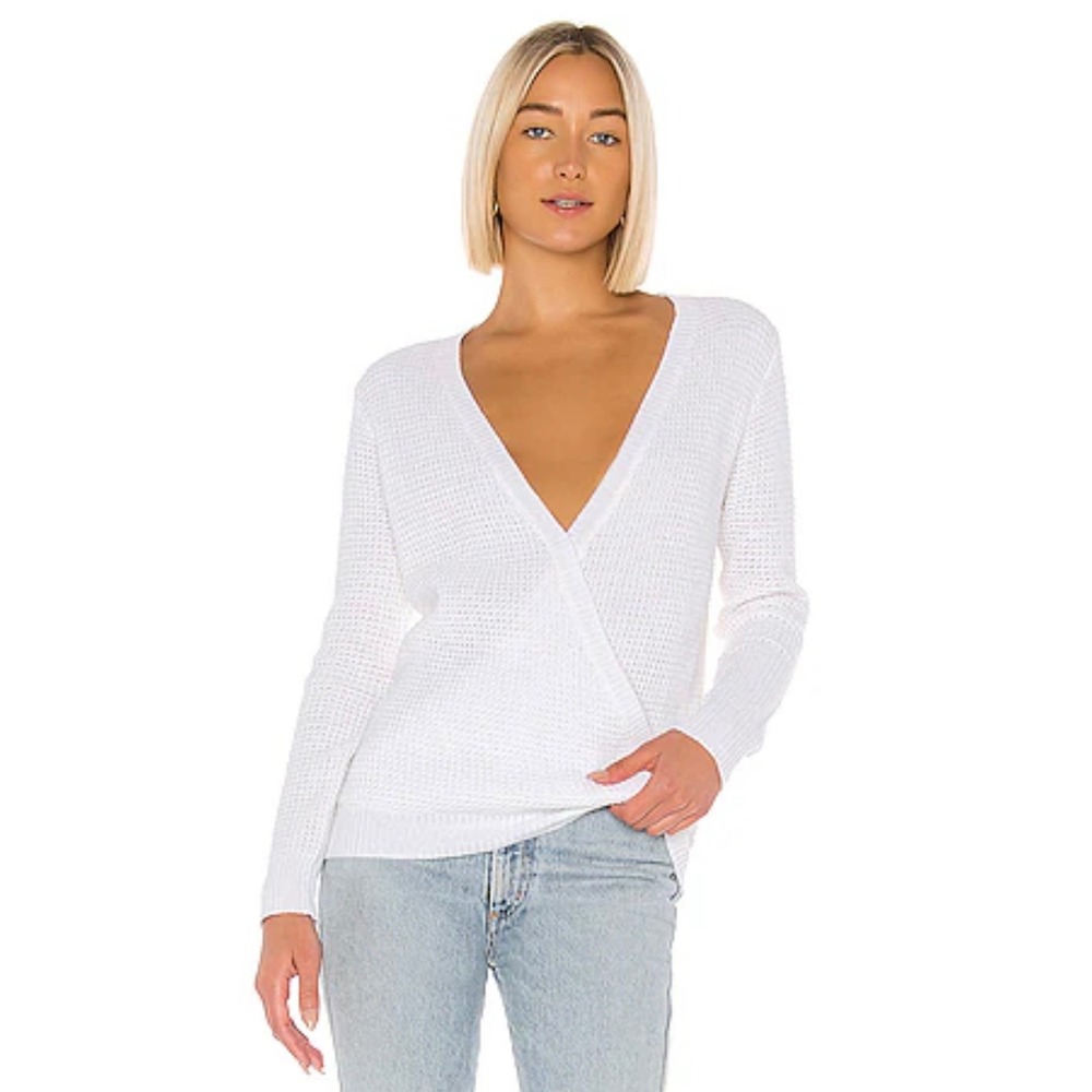 JOHN + JENN Cream Waffle Knit Faux Wrap V Neck Long Sleeve Sweater XS NEW